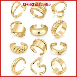 18K Gold-Plated Stackable Ring Set, 12-Piece Brass Bands Size 6-9